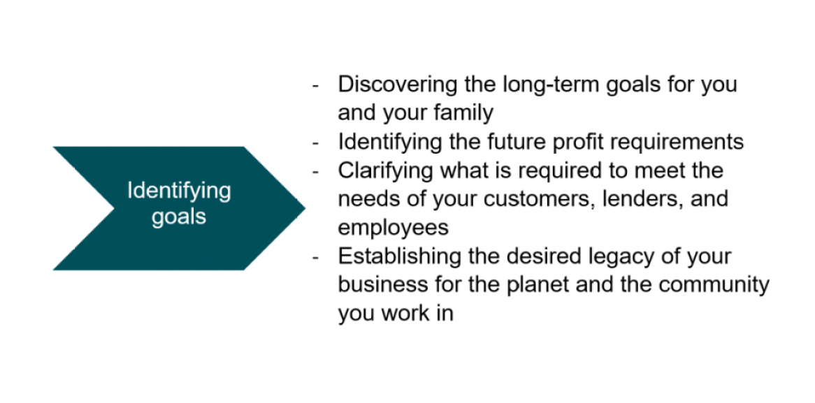 -	Discovering the long-term goals for you and your family  -	Identifying the future profit requirements -	Clarifying what is required to meet the needs of your customers, lenders, and employees    -	Establishing the desired legacy of your business for the planet and the community you work in