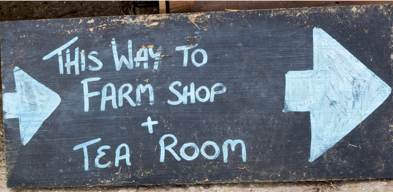 Photo of hand written sign saying "this way to farm shop and tea room"