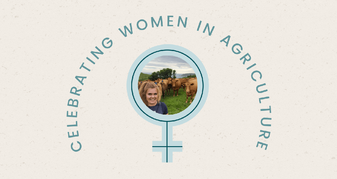 Logo - celebrating women in agriculture, with photo of young woman with cows in a field