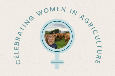 Logo - celebrating women in agriculture, with photo of young woman with cows in a field
