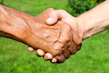 Joint ventures - Farmers shake hands on green background