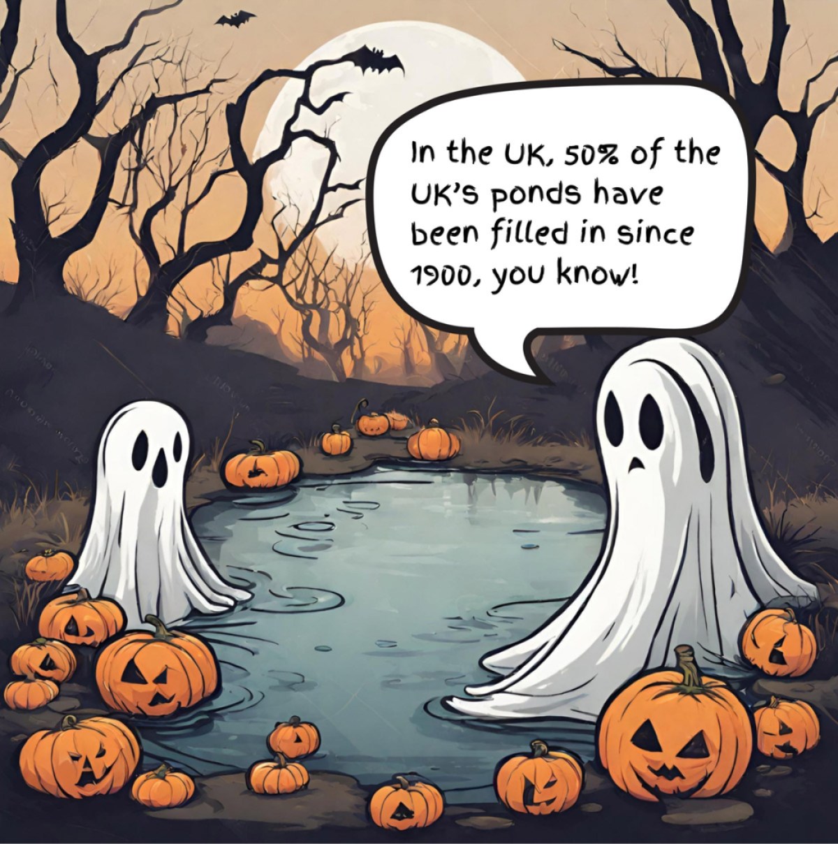 Cartoon of two ghosts in a Halloween scene, discussing ghost ponds