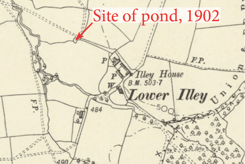 Historic Ordnance Survey map from 1902, showing position of what is now a ghost pond