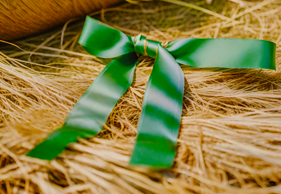 Realistic AI image showing green ribbon on a hay bale.