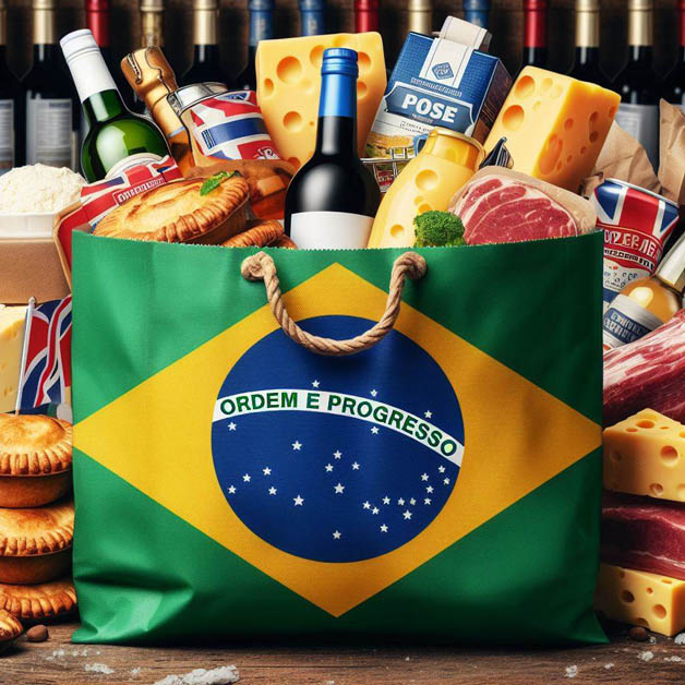 AI illustration of a shopping bag printed with the Brazilian flag, filled with British food products.