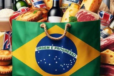 AI illustration of a shopping bag printed with the Brazilian flag, filled with British food products.